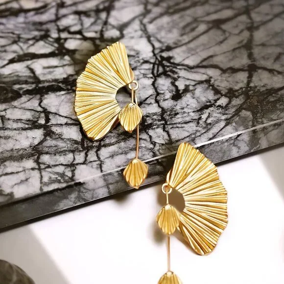 Statement Earrings for Women by , Gold Dangle Earrings, Leaf Fan Shape Flower Ea - Picture 4 of 5